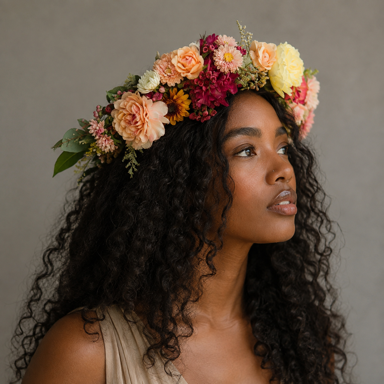 Woman with curly hair wearing a vibrant flower crown of garden roses and dahlias